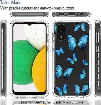 Case for Galaxy A03 Core Case, SM-A032F Case with Tempered Glass Screen Protector, Soft 360 Full Body Shockproof Hybrid Bumper Crystal Clear Case Cover for Galaxy A03 Core (Blue Butterfly)