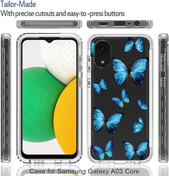 Case for Galaxy A03 Core Case, SM-A032F Case with Tempered Glass Screen Protector, Soft 360 Full Body Shockproof Hybrid Bumper Crystal Clear Case Cover for Galaxy A03 Core (Blue Butterfly)