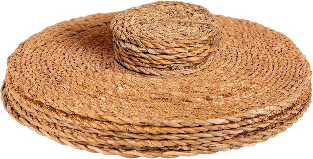 12 Piece Water Hyacinth Wicker Weave Placemats & Coasters - Typha Design Round Drinks Plates Woven Coaster Placemat Set - By Argon Tableware