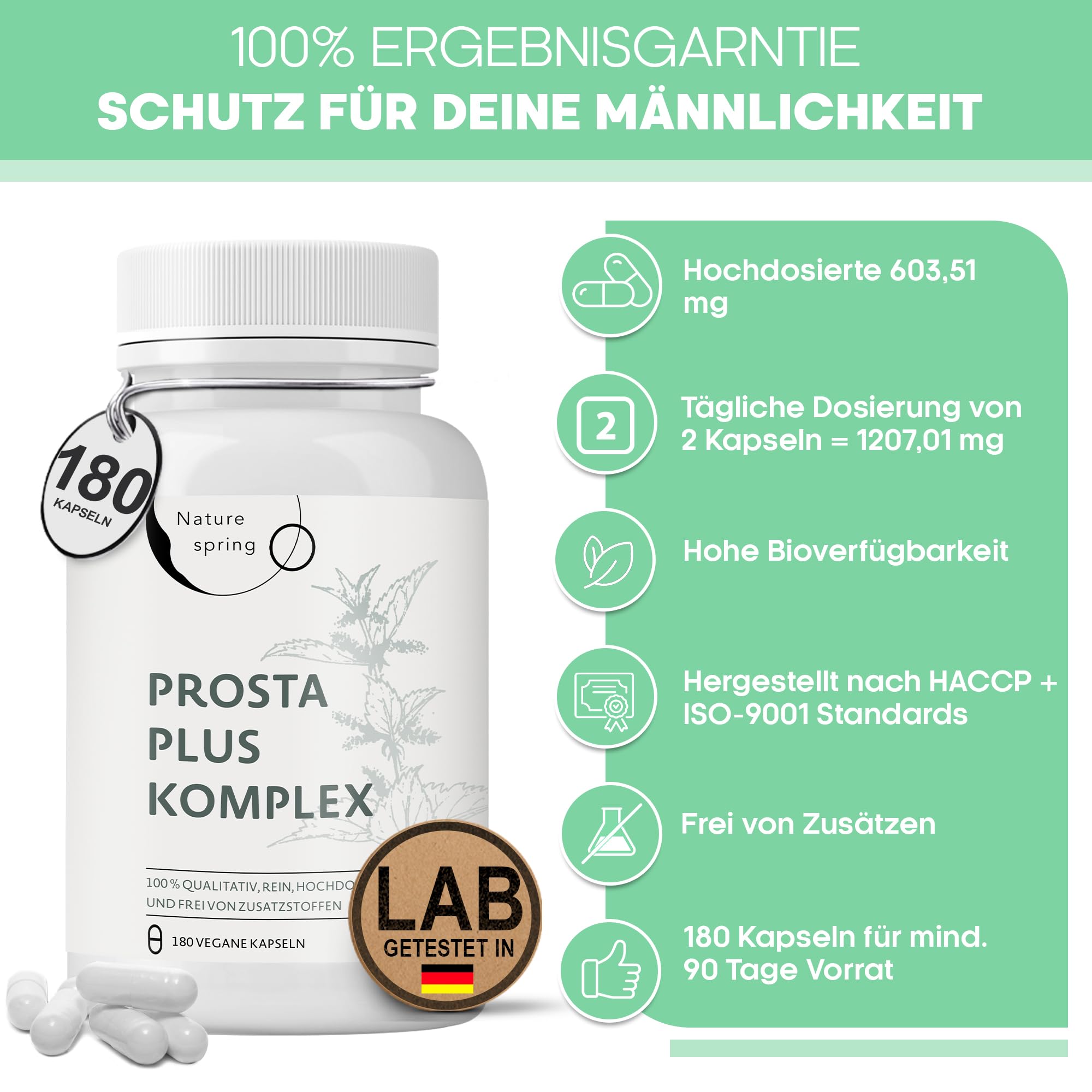 Prosta Plus Komplex - 180 Prostata Kapseln hochdosiert - einzigartige Formel aus Kürbiskern-, Sägepalmen-, Brennnesselwurzelextrakt mit Zink, Vitamin E & Selen - geprüfte Prostata Komplex Kapseln