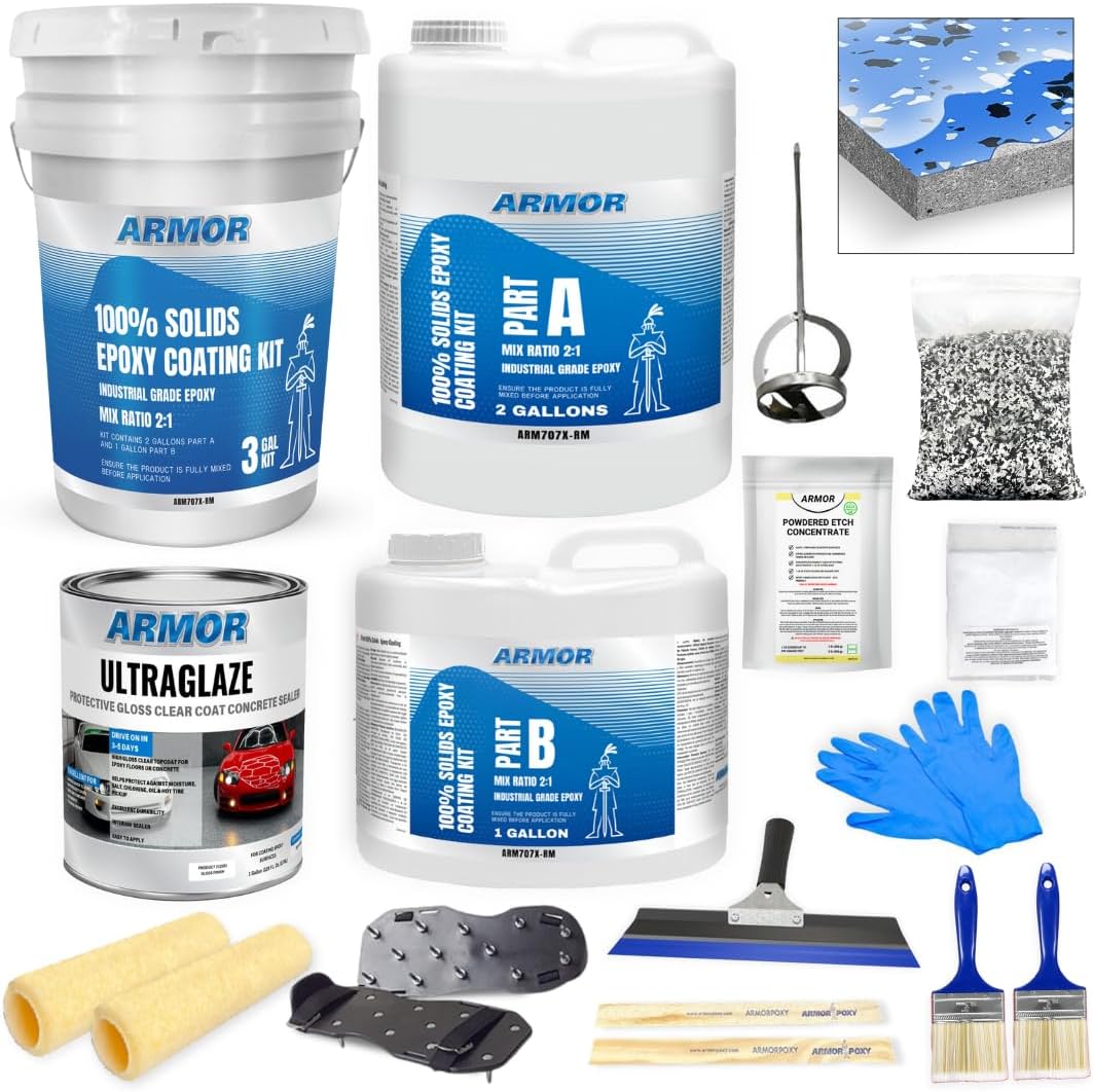 ArmorPoxy Garage Epoxy Floor Kit – 100% Solids - 2 Part Industrial-Grade Coating w/UltraGlaze Topcoat | DIY Slip & Hot Tire Resistant | 600 Sq Ft - Racing Blue - 17 pc kit