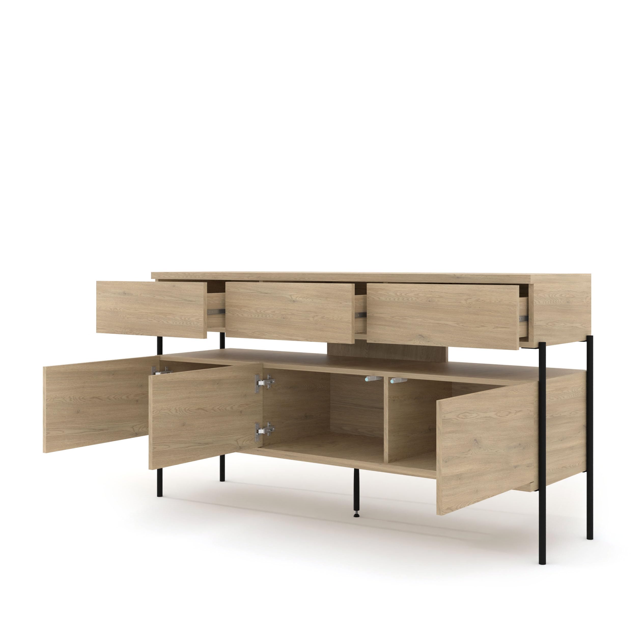 Komoda Dragonfly 150 cm 3D3S – dąb cremona, czarne metalowe nogi, nowoczesna komoda do salonu i sypialni, pojemna szafka z szufladami i półkami, styl loft industrialny