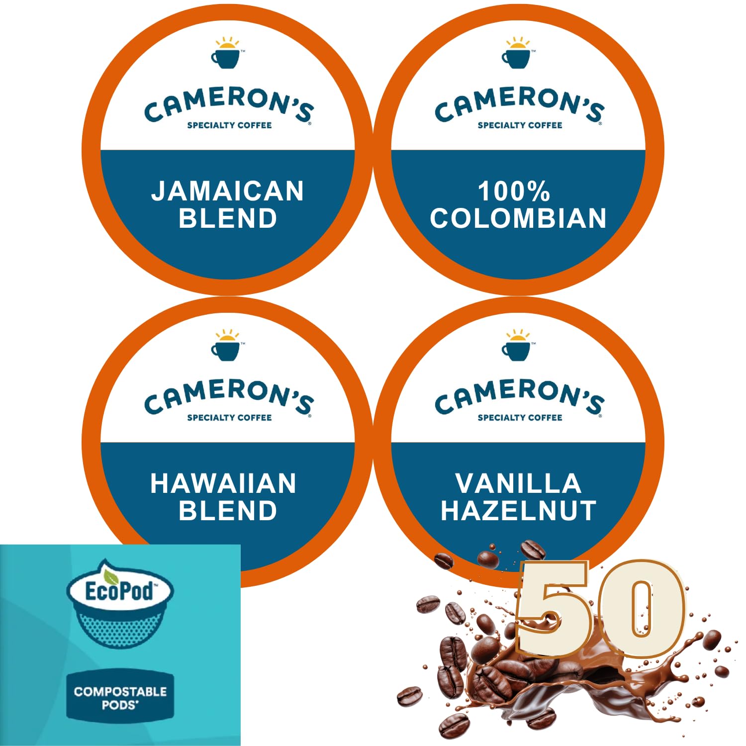 50-count single-cup coffee pack sampler for Keurig K-Cup Brewers Variety of Cameron's flavors Jamaican Blend, Hawaiian, 100% Colombian, and Vanilla Hazelnut Packaged by Brightest Place Compatible with K-Cups