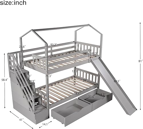 Miniatura 2 de HYC Litera de casa individual sobre individual con 2 cajones 3 escaleras de almacenamiento tobogán litera para familia adolescentes niños niñas no