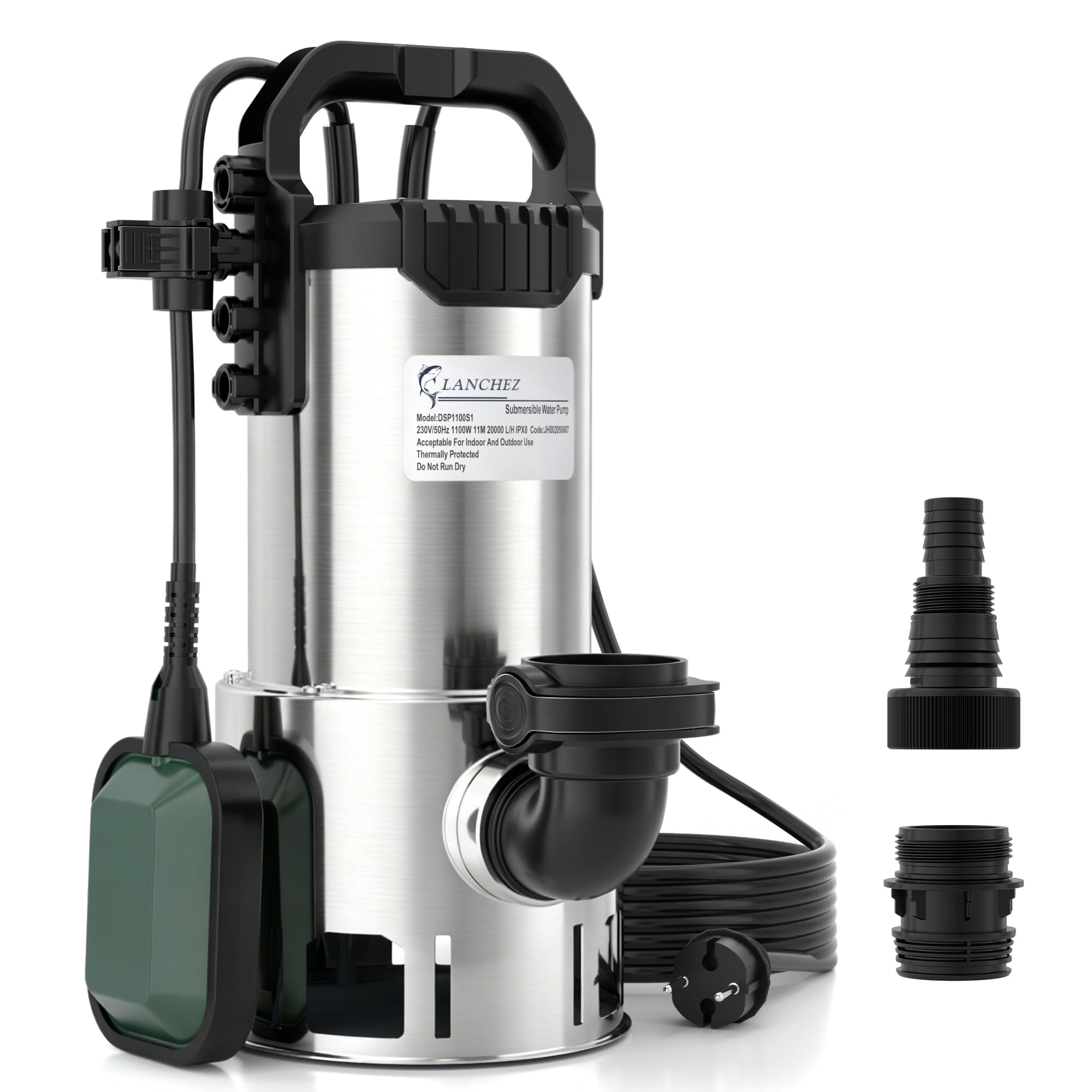 LANCHEZ Edelstahl Schmutzwassertauchpumpe 1100W, 20.000 l/h, Förderhöhe 11 m, Max durchlässige Partikelgröße: 3,5 cm, Einstellbarer Schwimmerschalter, Thermoschutz, für Pool, Schacht, Garten