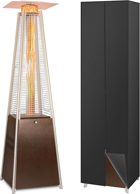 Hykolity Pyramid Patio Heater, 48000 BTU Glass Tube Propane Patio Heater with Wheels and Cover, Outdoor Propane Heaters for Patio, Backyard, Garden, Porch, and Pool, Bronze