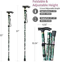 Vista 2 de Bastón plegable, altura ajustable de 5 niveles, ligero, portátil, plegable, bastones para caminar con correa para la muñeca y mango en T