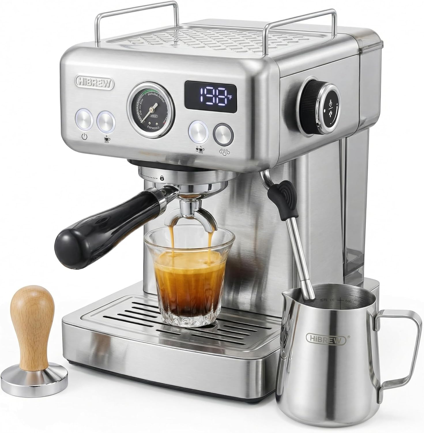 HIBREW H10A - 58mm Espresso Machine, Stainless Steel Body with Milk Frother, Customizable Settings, Smart Display + 20 Bar Pressure Gauge. HIBREW H10A - 58mm Espresso Machine, Stainless Steel Body with Milk Frother, Customizable Settings, Smart Display + 20 Bar Pressure Gauge.