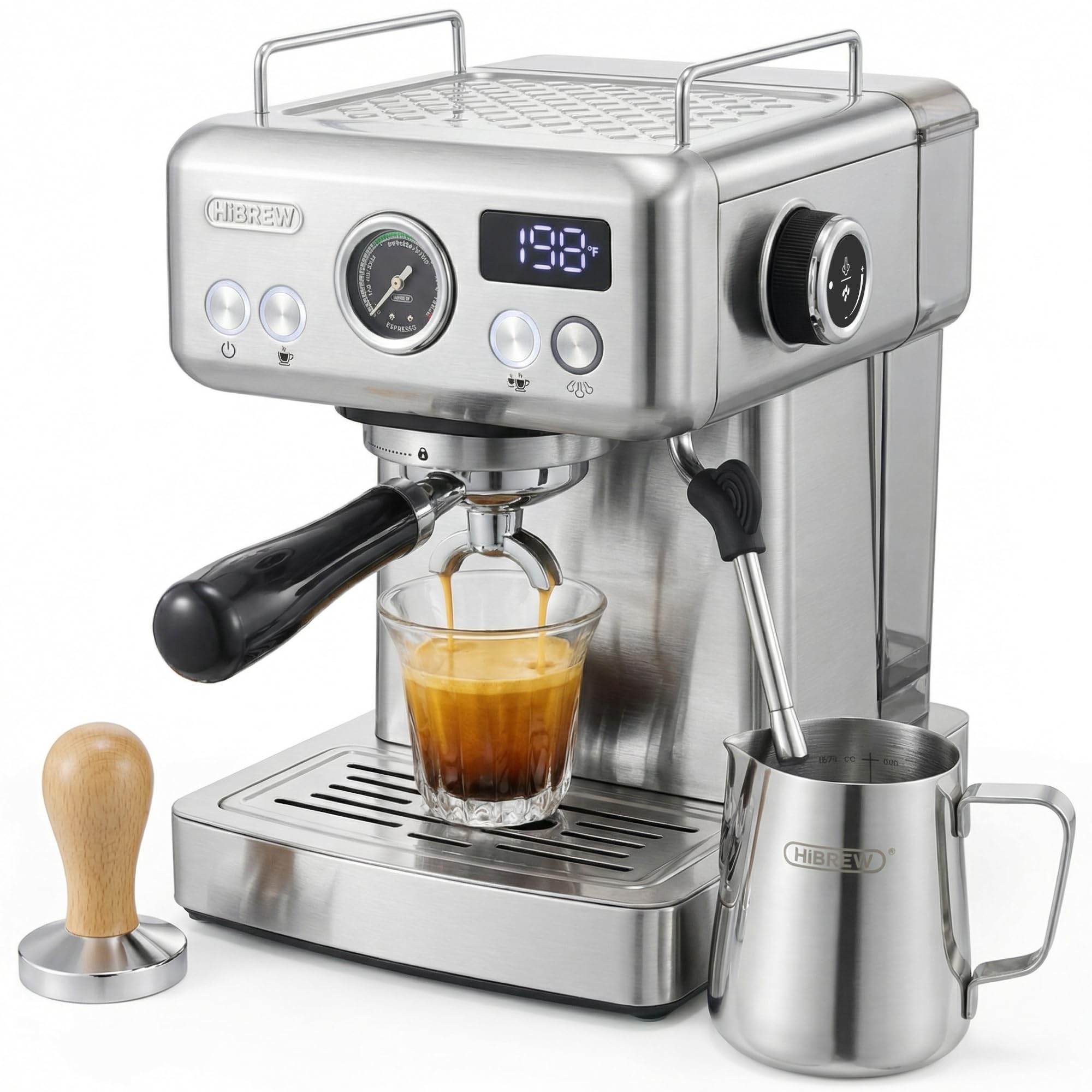 HIBREW H10A - 58mm Espresso Machine, Stainless Steel Body with Milk Frother, Customizable Settings, Smart Display + 20 Bar Pressure Gauge.