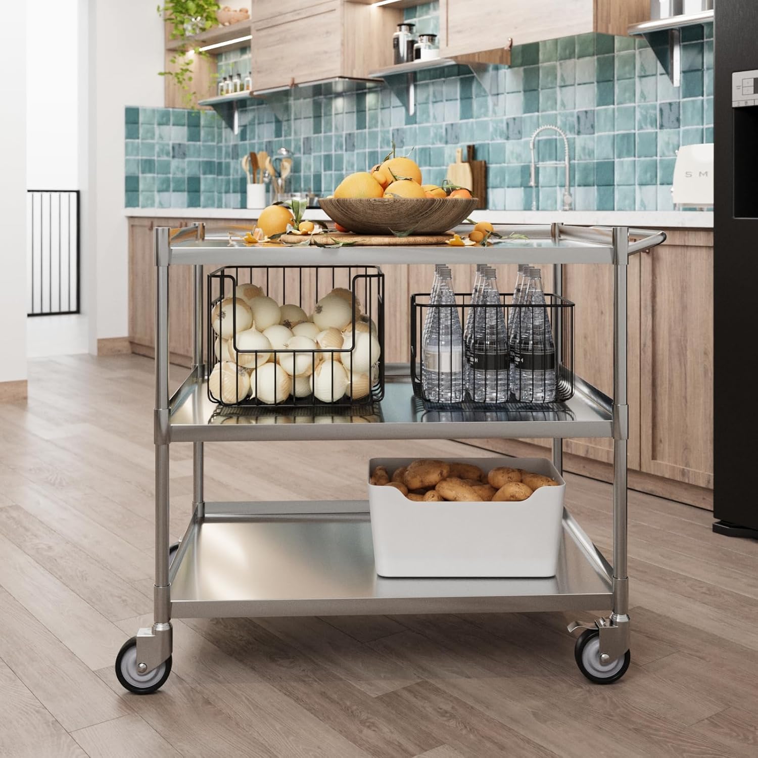 3 Shelf Stainless Steel Tubular Utility Cart | 21 in. Wide X 33 in. Long X 33 in High | Metal Utility Cart on Wheels with Handle | NSF