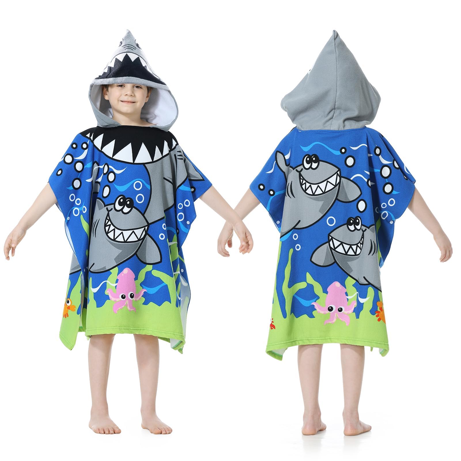 MOKANI Kids Hooded Beach Towels for 6-14 Years Girls & Boys Pool Bath Towel Poncho Bathrobe with Drawstring Bag - Blue&Grey Shark
