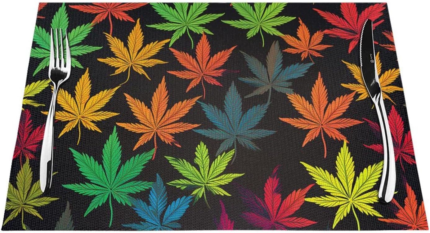 Placemats 6 PCS Heat Resistant Table Mats Colorful Cannabis Leaves Print Place Pads Set Washable Non-Slip PVC Woven Place Mats for Home Kitchen Weddings Holiday Party Decor 18 X 12 in