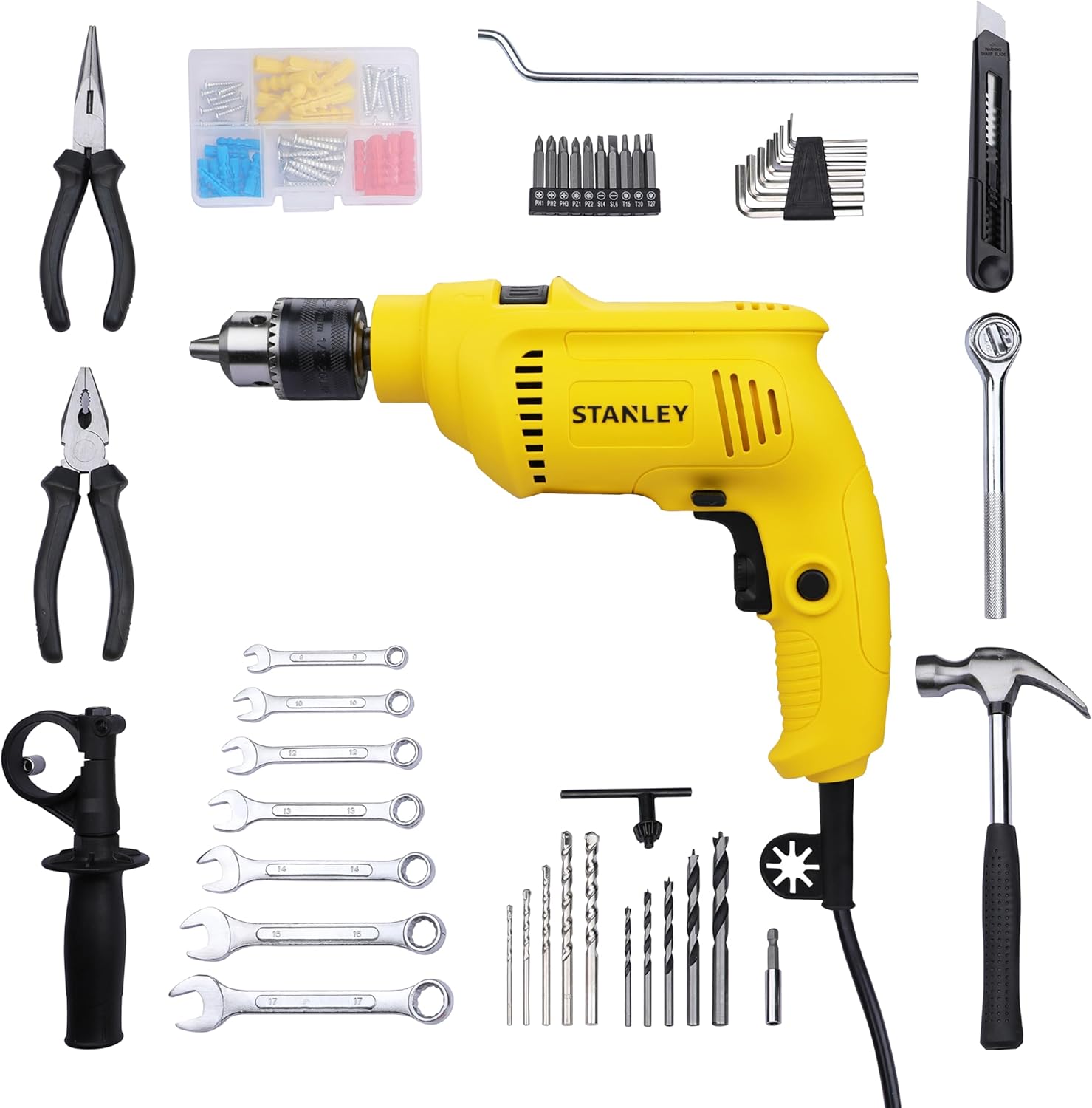 STANLEY SDH600KM-IN 600W 13mm Drill Machine with Mechanical Toolkit for Home, DIY & Professional Use (120-Pieces) - Includes Hammer Drill, Hammer & Measurement Tape, 1 Year Warranty, YELLOW & BLACK
