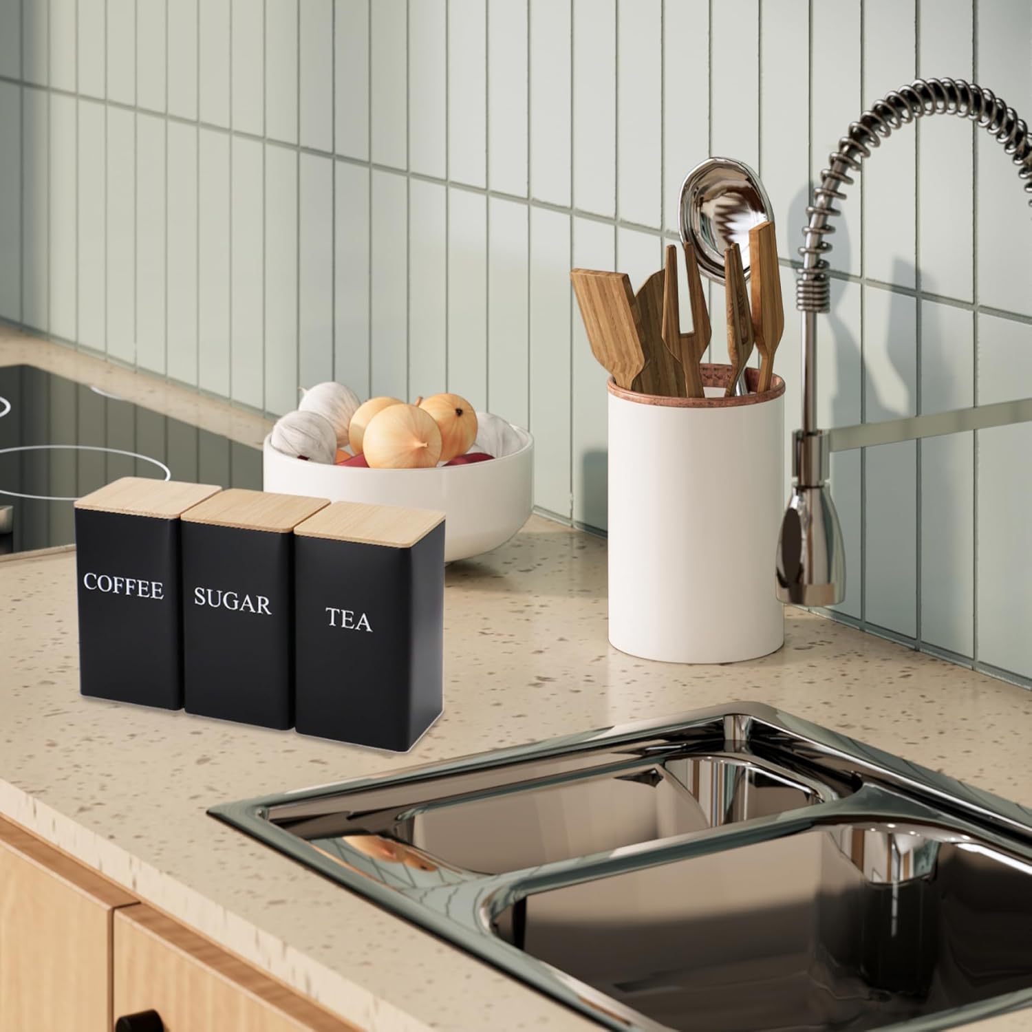 Coffee Tea Sugar Container Set of 3 Iron Tea Coffee Sugar Canister Set with Airtight Bamboo Lid and Name Marker Simple Square Kitchen Canister Set for Coffee Tea Sugar Storage Black