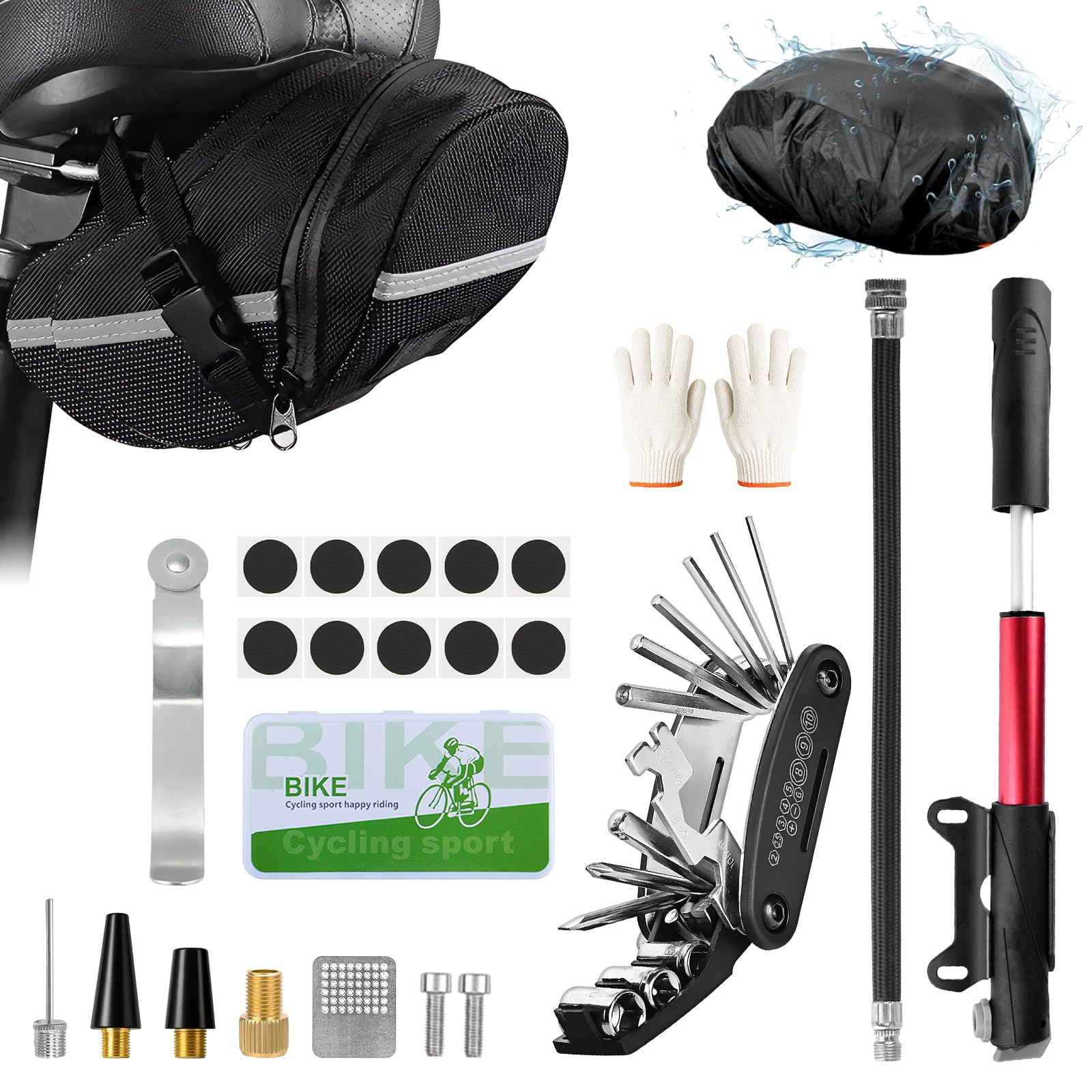 Ninonly Kit Riparazione Bici 27 Pezzi con Mini Pompa 120PSI e Multitool 16 in 1 Kit Bici Riparazione Completo con Borsello, Kit Foratura Bici e Copertura Impermeabile per Bici da Corsa, MTB e Città