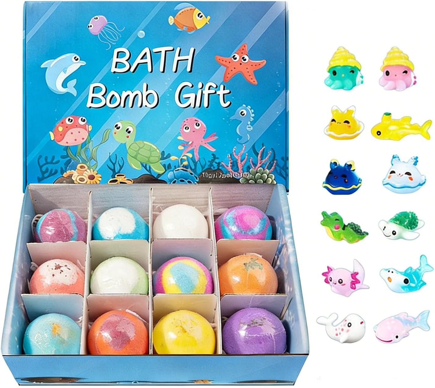 12-Pack Bath Bombs with Surprise Toys Inside, Natural Organic Bath Fizzies with Shea Butter, Ocean/Animal/Series (Blue)
