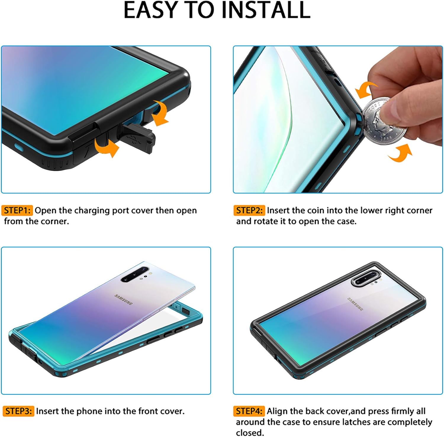 Lamcase for Galaxy Note 10 Plus Waterproof Case Built-in Screen Protector with Fingerprint ID IP68 Sealed Protective Dust/Snow/Shock Proof Cover Case for Samsung Galaxy Note 10 Plus/5G, Blue/Clear