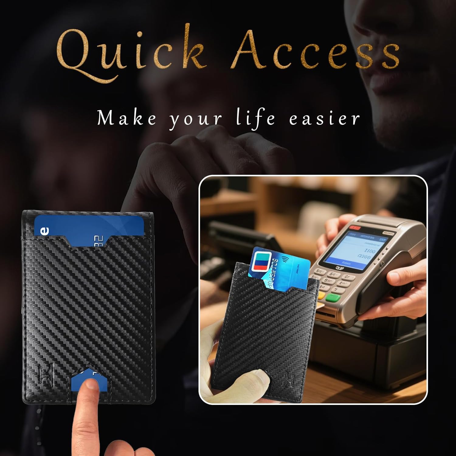 RFID Wallet for Men with Money Clip (Removable) Slim Mens Wallet Carbon Fiber Front Pocket Minimalist Cash Card Holder Fits 11 Cards ID Window Includes Gift Box(Black - Image 6