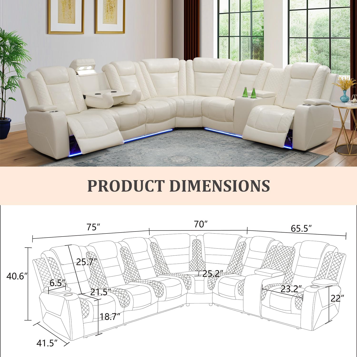 Power Reclining Sectional Sofa, Living Room Furniture Set with USB Chargers and Storage Console, Leather Recliner Sofa for Living Room/Apartment/Office/Home Theather (Creamy with CupHolders)