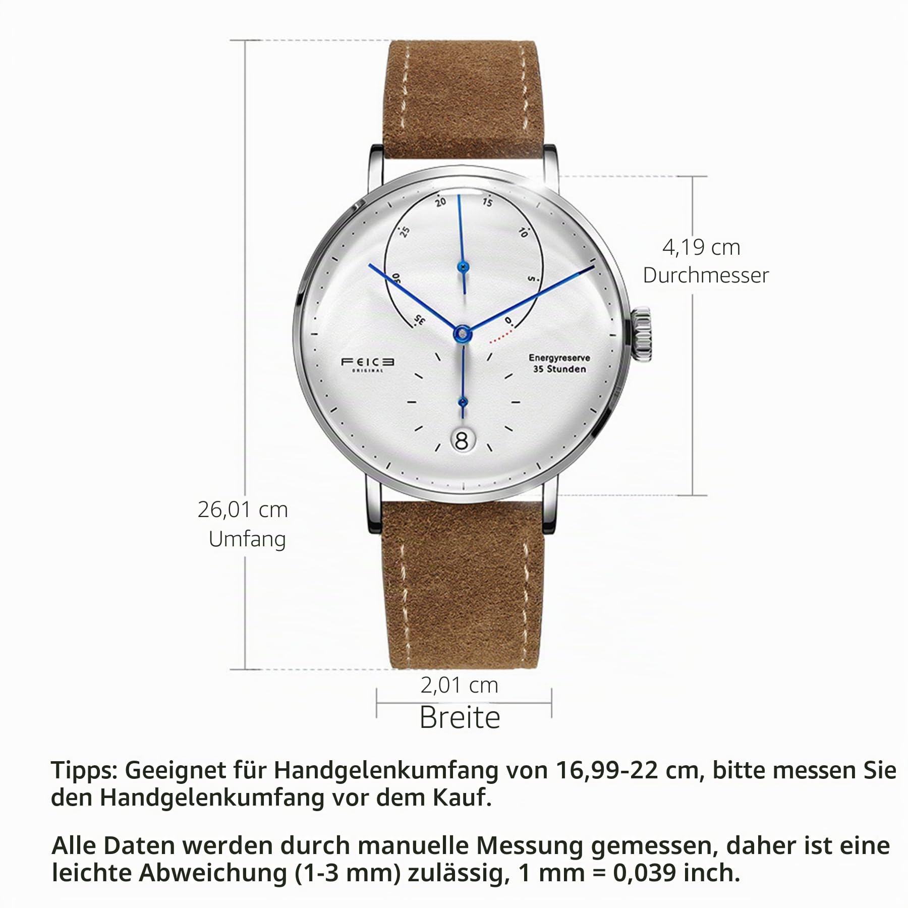 FEICE FM202 Herrenuhr Automatik Armbanduhren mit Gewölbtes Mineralglas 40mm | Automatikwerk, Kalender, Energieanzeige-Hilfszifferblatt, Armbanduhr für Männer, Klassisch, Minimalistisch, Mechanische Watch