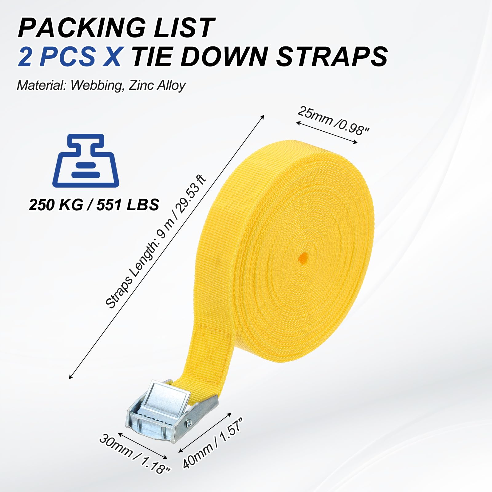 PATIKIL Cinghia di ancoraggio con fibbie, 2,5 cm x 9,1 m, 2 pezzi, cinghie regolabili resistenti e sicure fino a 250 kg, per biciclette cargo kayak, giallo