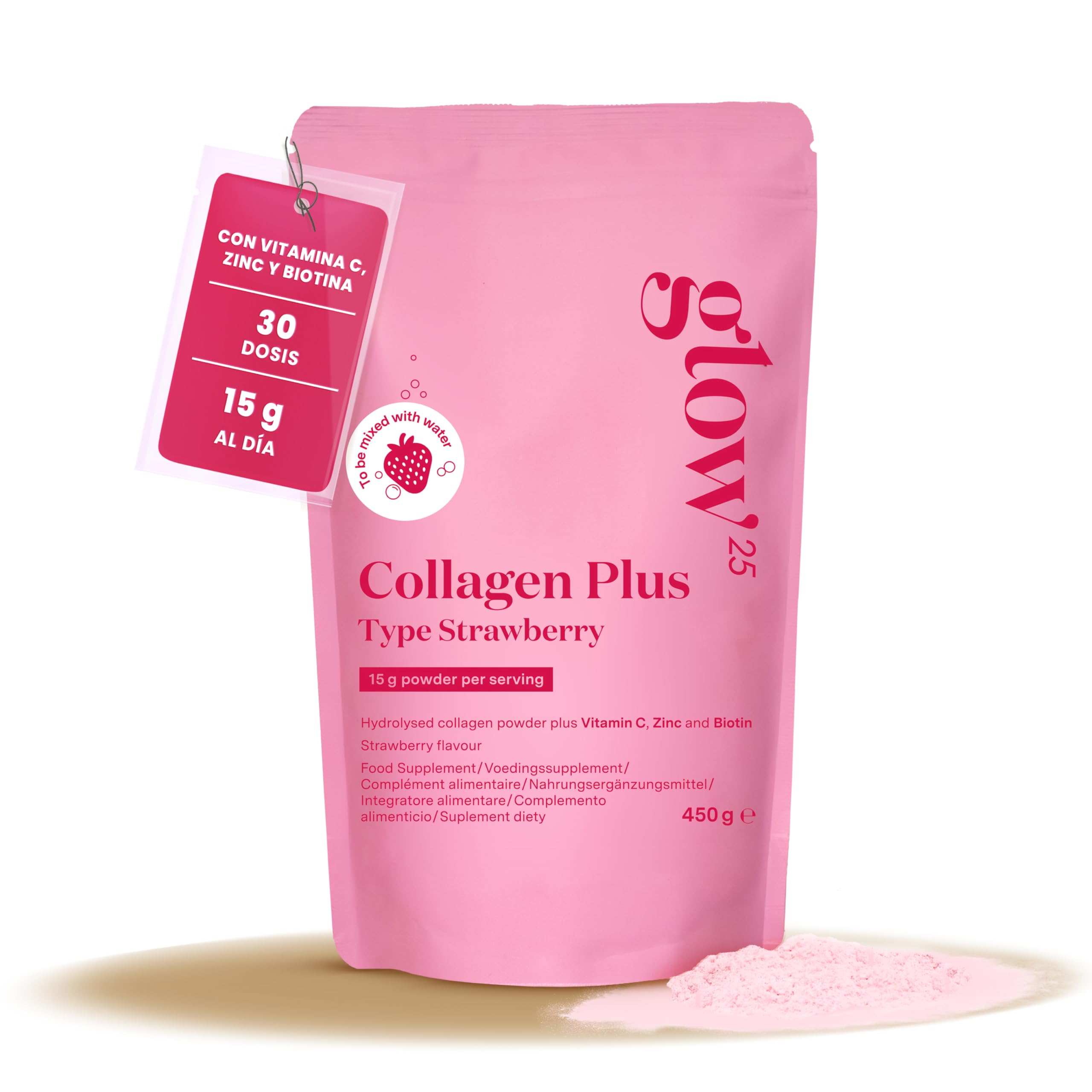 Glow25® Collagen Plus Type Strawberry 450 g – Vitamina C, zinc y biotina | Colágeno hidrolizado con vitamina C, zinc y biotina – Ideal para disolver en agua – Sabor fresa