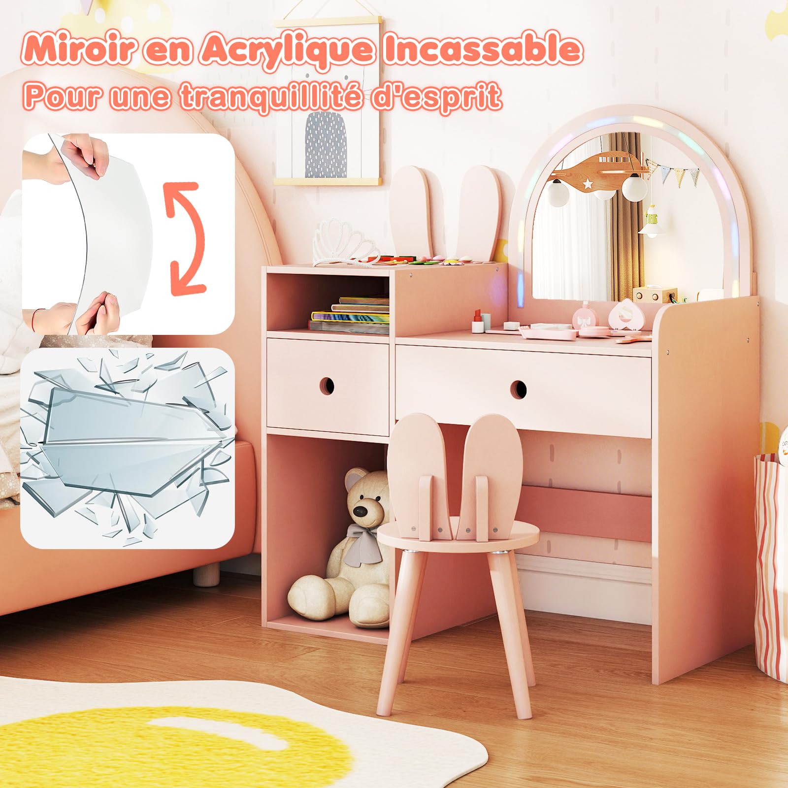 COSTWAY Coiffeuse Enfant Fille avec Chaise et Miroir Lumineux, Bureau Enfant en Forme de Lapin avec Étagères Ouvertes et Tiroirs de Rangement, pour Chambre d'enfant, Salle de Jeux, 3+ Ans (Rose)