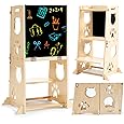 Toddler Step Stool Kitchen Stool Helper, 3 in 1 Toddler Standing Tower Collapsible Kids Step Stool for Bathroom, Montessori Kids Stool, Child Standing Tower for Toddlers with Chalkboard & Safety Rail