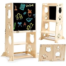 Toddler Step Stool Kitchen Stool Helper, 3 in 1 Toddler Standing Tower Collapsible Kids Step Stool for Bathroom, Montessori Kids Stool, Child Standing Tower for Toddlers with Chalkboard & Safety Rail