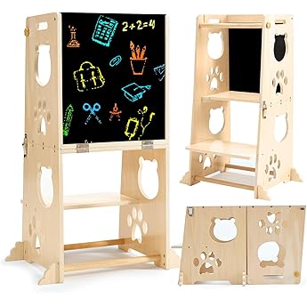 Toddler Step Stool Kitchen Stool Helper, 3 in 1 Toddler Standing Tower Collapsible Kids Step Stool for Bathroom, Montessori Kids Stool, Child Standing Tower for Toddlers with Chalkboard & Safety Rail