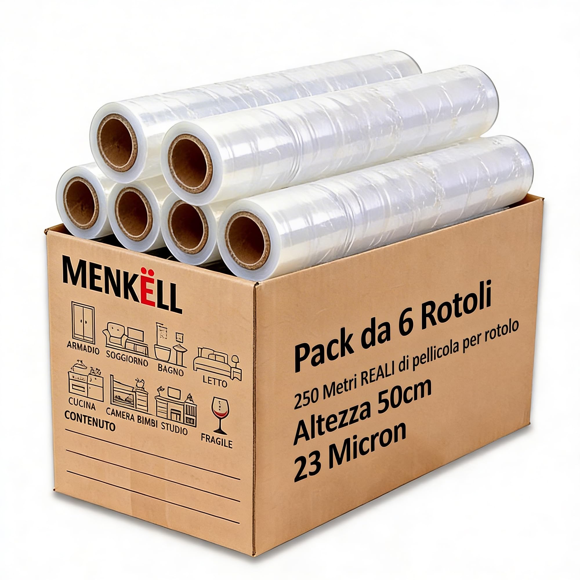 Pellicola trasparente per imballaggio 23 micron 50cm 250m 6 rotoli Made in UE