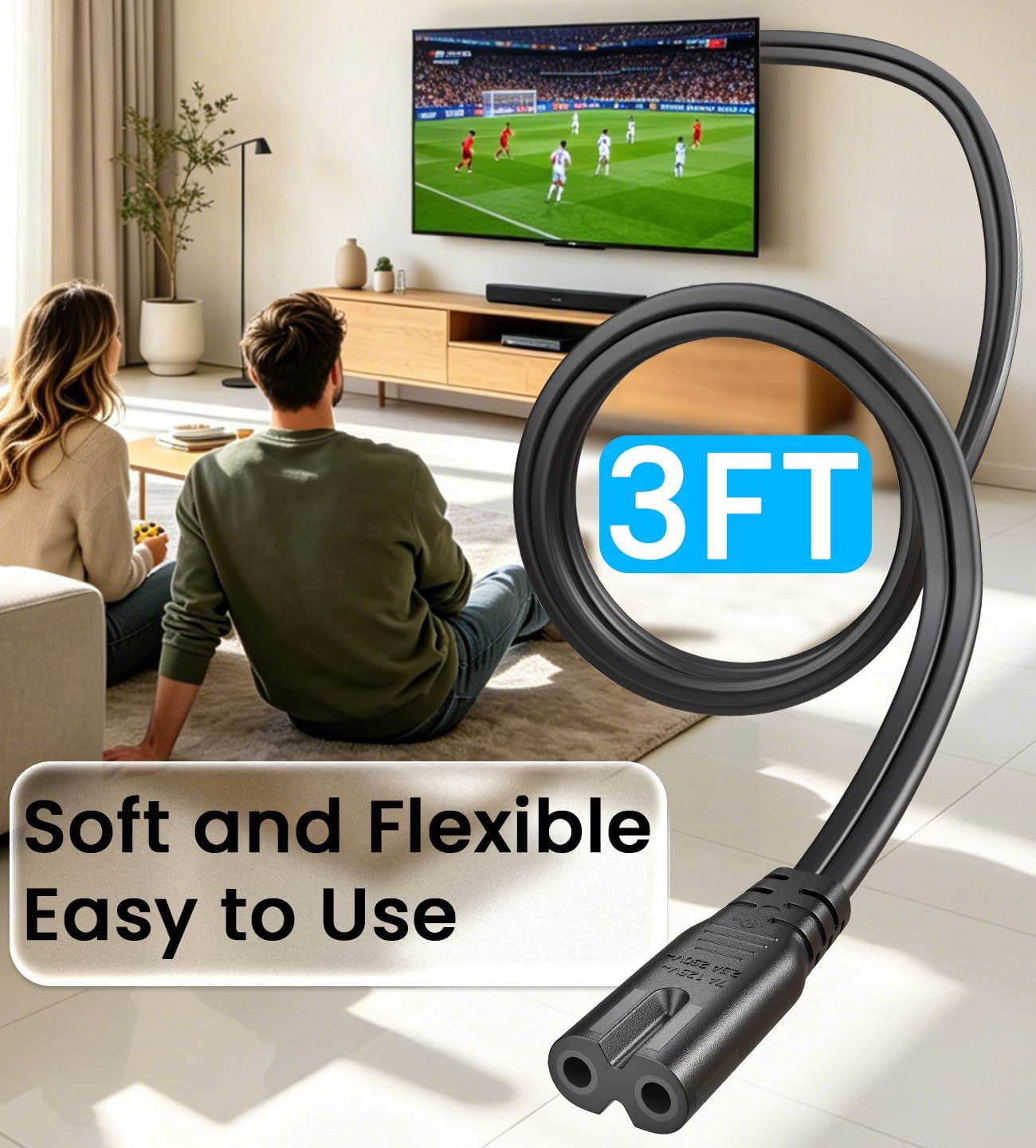 3Ft AC 2 Prong Power Cord Compatible with TV Xbox Sony PS4 PS5 PS3 TCL HP Printer Speaker Universal C7 Power Cord UL Listed Replacement Cable