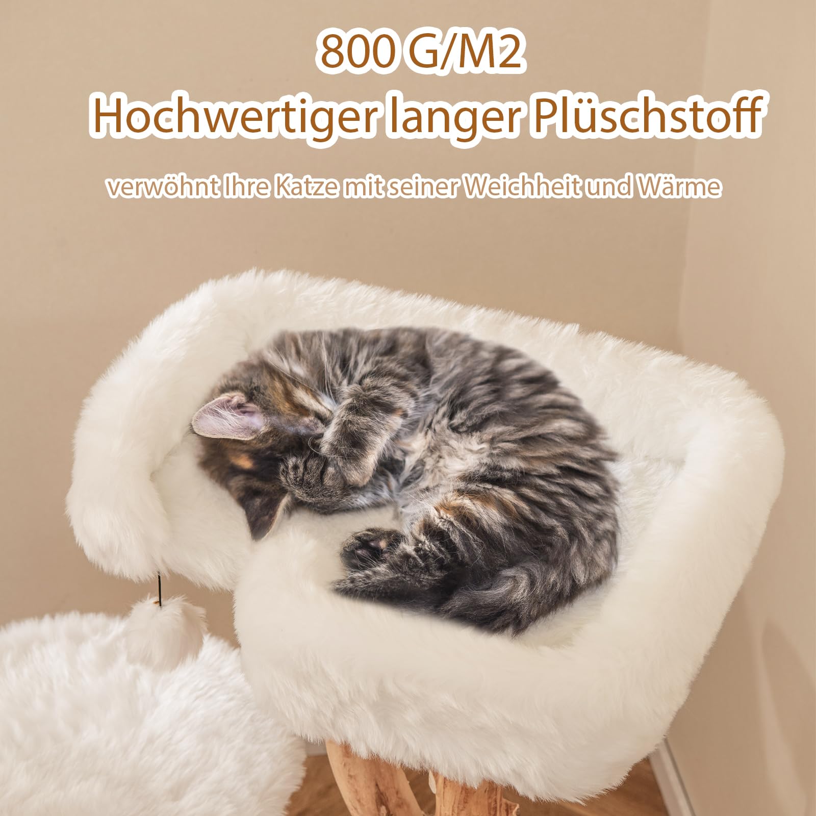 SOARS Rascador de Madera Maciza para Gatos, Árbol para Gatos con 3 Troncos de Peral natural, Cueva para Gatos, cama para gatos, rascador para gatos con pelota de juego, cuerda de yute, 59 x 49 x 110cm