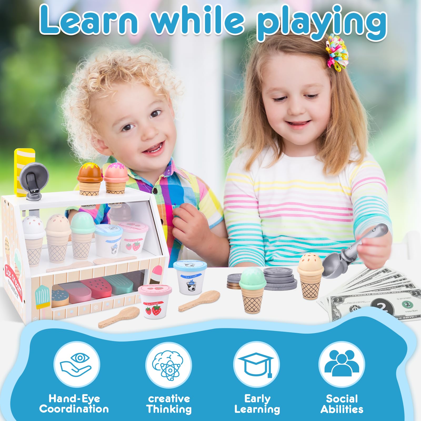 Gelateria Giocattolo per Bambini,Giocattolo per Gelato in Legno,Montessori Gioco di Ruolo Educativo Regalo per Bambini,Gelateria Giocattoli in Legno per Bambini da 3 4 5 6 Anni Ragazzi Ragazze - 5