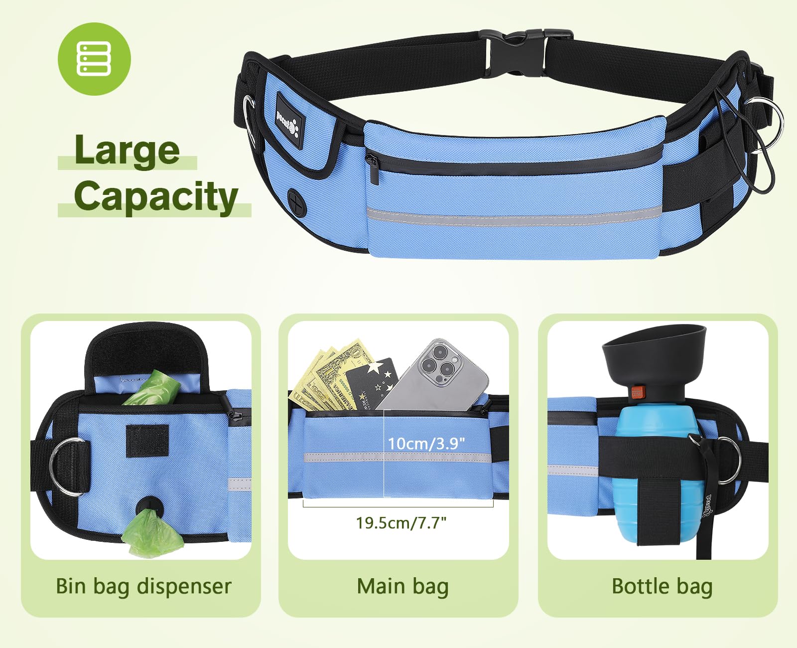 Pecute Guinzaglio Mani Libere per Cani,Guinzaglio per Cani, Camminata, Allenamento, Escursionismo, Cintura in Vita Regolabile e Custodia per l'acqua, per Corsa, Jogging,Blu