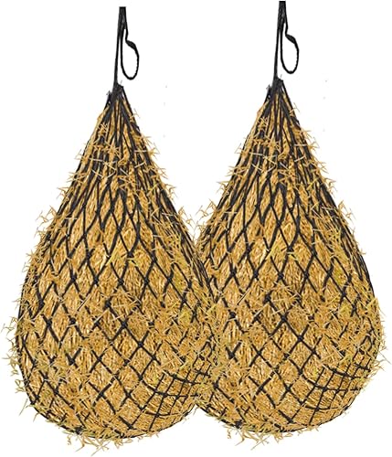 2 bolsas de heno para caballos: red de heno de alimentación lenta de 40 pulgadas de largo para caballos - 2 agujeros de 2 pulgadas con cuerda de