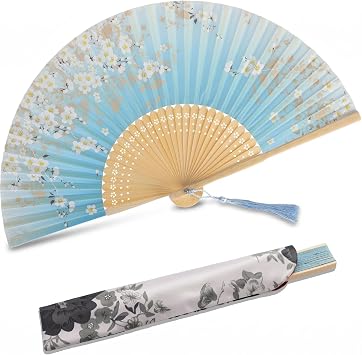 Charming Elegant Modern Woman Handmade Bamboo Silk 8.27" 21cm Folding Pocket Purse Hand Fan Blue