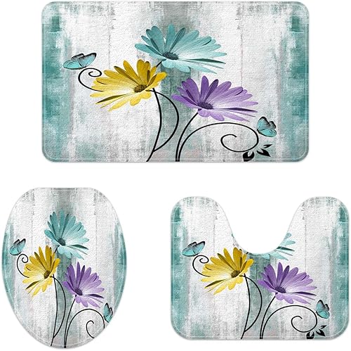 Miniatura 7 de Juego de alfombrillas de baño rústicas de granja, margaritas rosas y mariposas en el campo, juego de tapetes de baño de madera con alfombra de baño