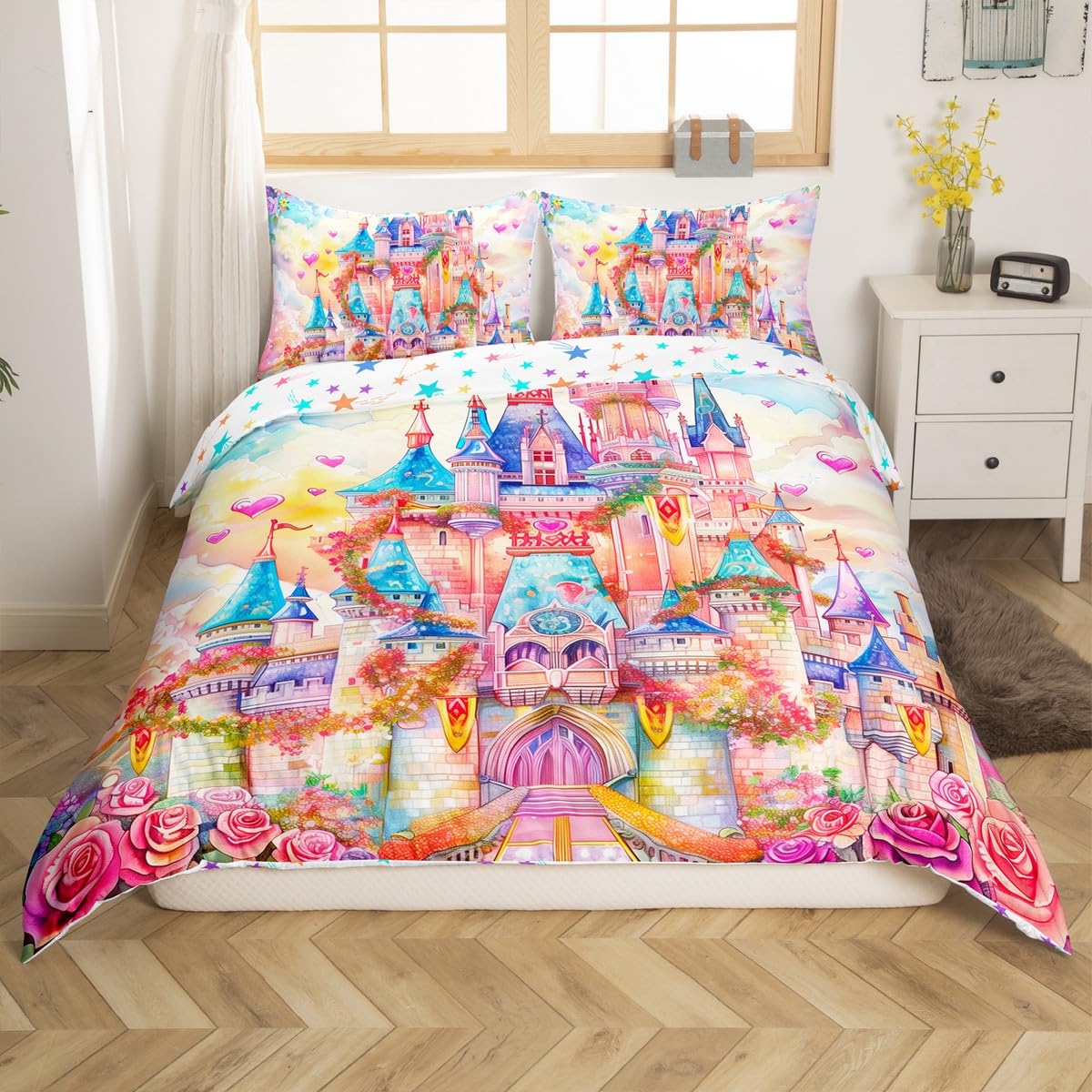 Housse de couette romantique style château de dessin animé avec taies