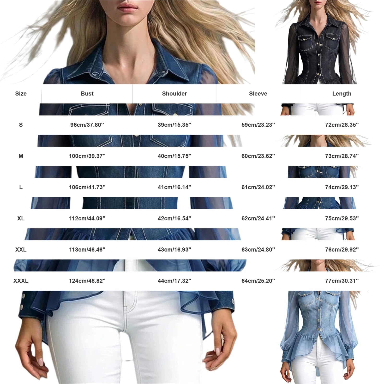 Elegante camicia da donna in jeans con risvolto a maniche lunghe | Camicetta in tinta unita in tessuto denim, vestibilità regolare, con tasca frontale