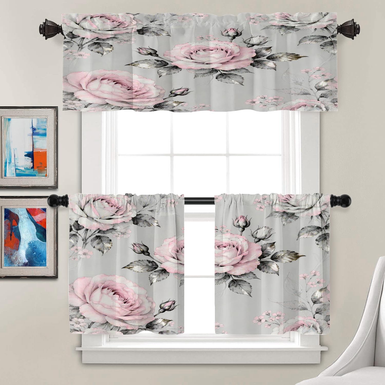 Batmerry Gray Oil Painting Tier Curtains, Pink Rose Flowers and Leaves Floral Pattern Cafe Curtain Short Kitchen Drapes Small Valance for Bathroom, 2 Pack 26X24 Inches