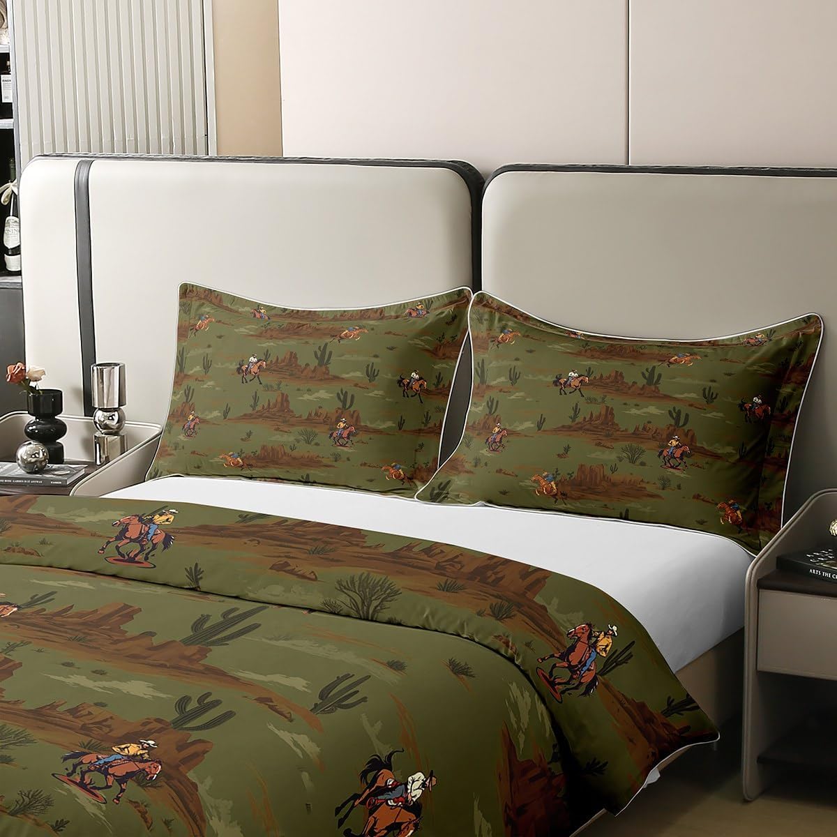 Western Cowboy 100% Cotton Duvet Cover Queen Desert Cactus Plant Bedding Set Retro Rustic Farmhouse Comforter Cover Animal Horse Dark Green Quilt Cover with 2 Pillowcases(Not Comforter)