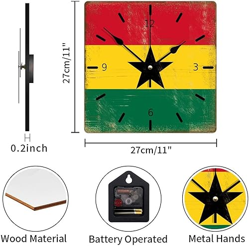 Miniatura 2 de Reloj de pared de madera con bandera de Ghana de 10 pulgadas, cuadrado rural, reloj de pared de madera, fácil de leer, reloj decorativo de madera
