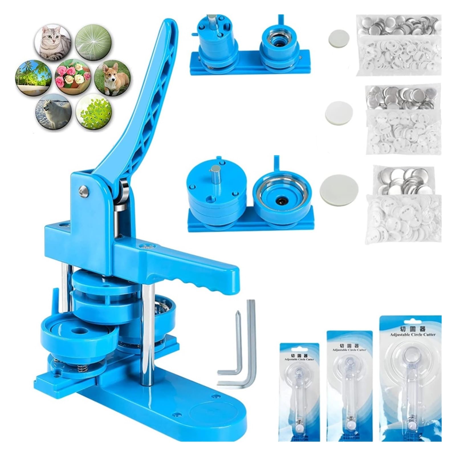 Maszyna Do Robienia Plakietek 25/32/58MM Zestaw Odznak 100/300 Szt. Części Guzików + 1/3 Formy + Wycinarka Kółek DIY Odznaka Prasa Making Niebieska NiekońCząCa Się Zabawa(25 32 58)
