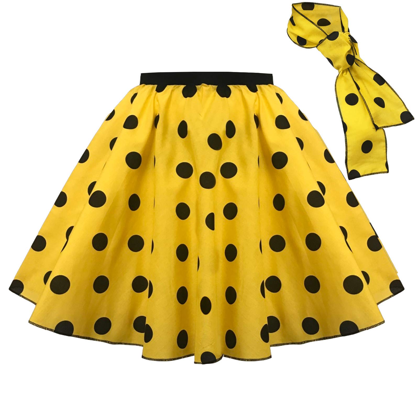 Adults Polka Dot Skirt Rock n Roll 50's/ 60's Style with Neck tie 17 21" Length (S (Waist 26inch), Yellow and Black)