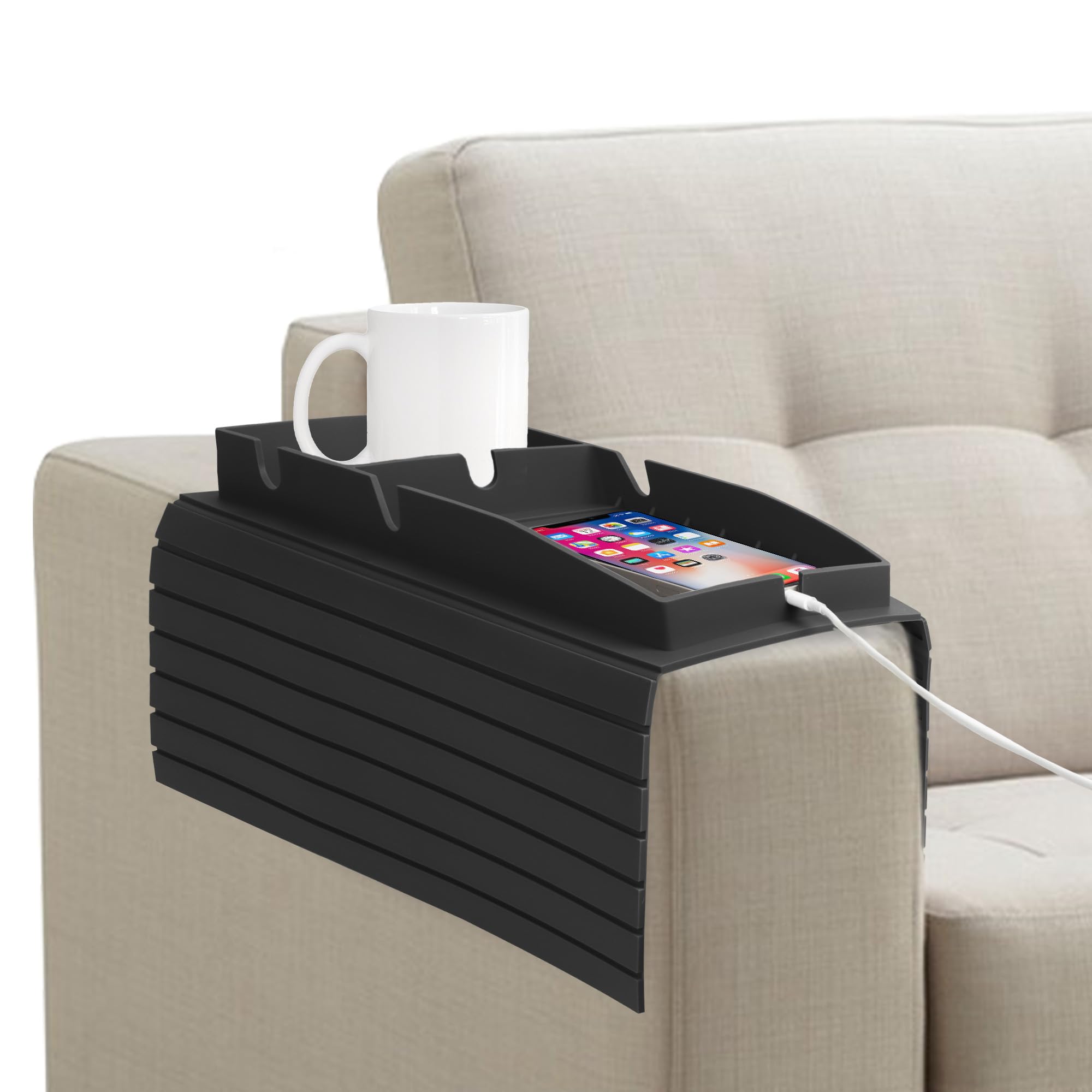 NiCola Sofa Armrest Tray Table Black Sofa Armrest Tray Organizer, Silicone Couch Arm Rest Cup Holder for TV Remote Control, Coffee, Snacks, Glasses, Phone Organisation Storage (Black)