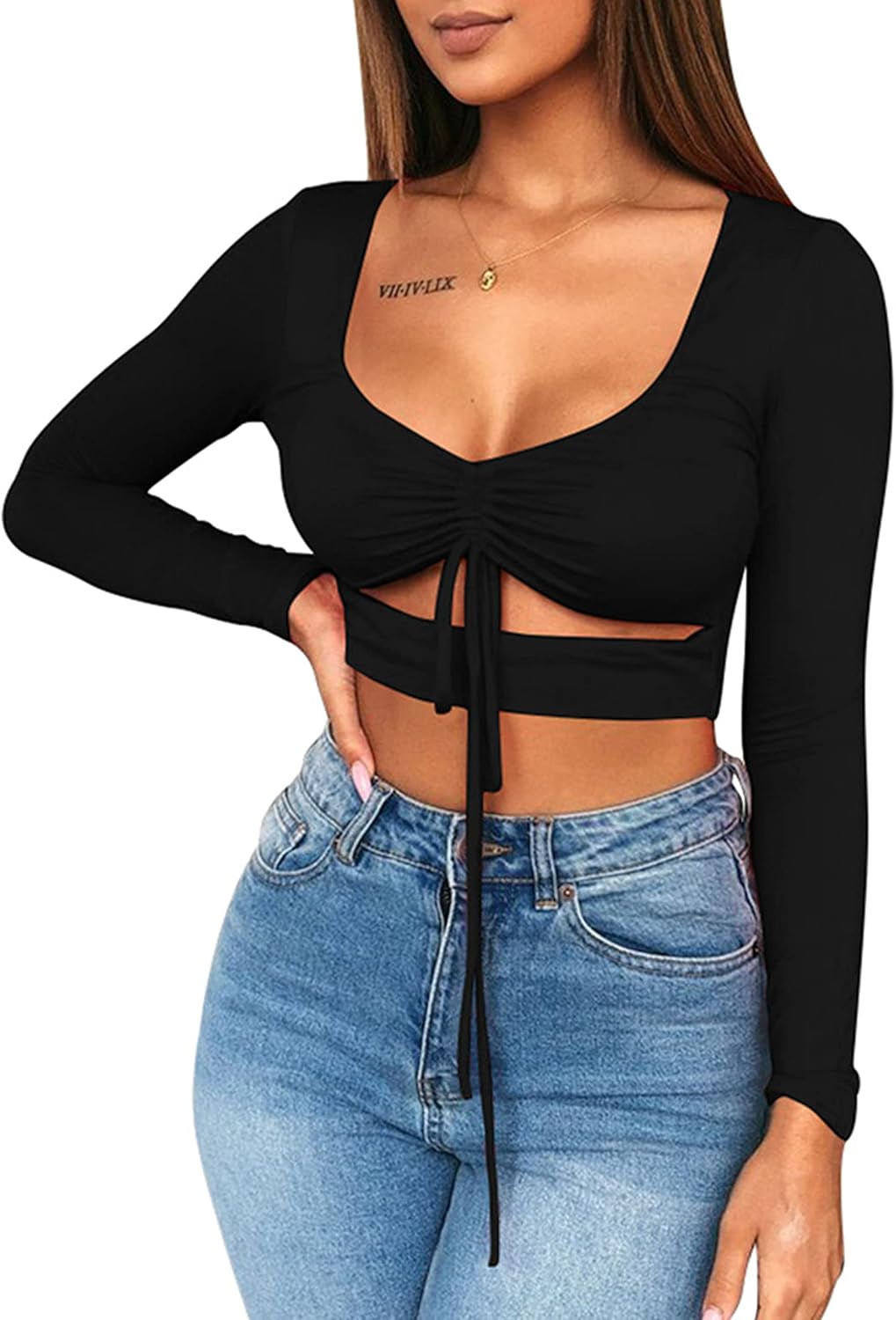 Mizoci Women's Sexy Ruched Tie Up Crop Top Basic Long Sleeve Cut Out T Shirt - Image 2
