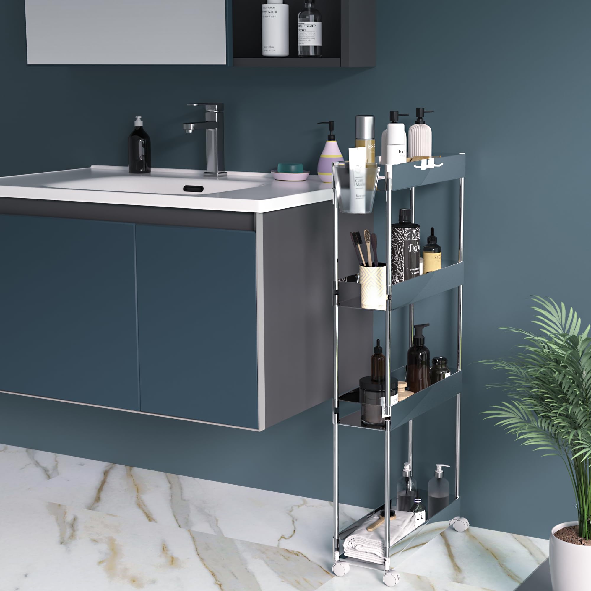 VECELO Acrylic 4-Tier Rolling Storage Cart,Multifunction Slim Utility Clear Cart Kitchen Storage Organizer,Mobile Cart with Lockable Wheels Hooks&Bucket for Home Office,Clear