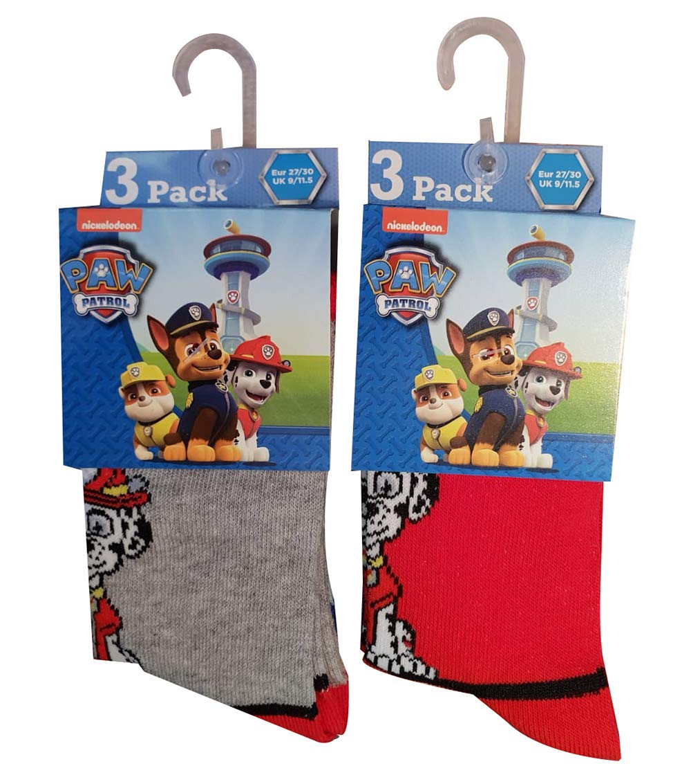 Nickelodeon Paw Patrol Dog Socks Pack of 6 with Chase, Rubble and Marshall, Red/Gray