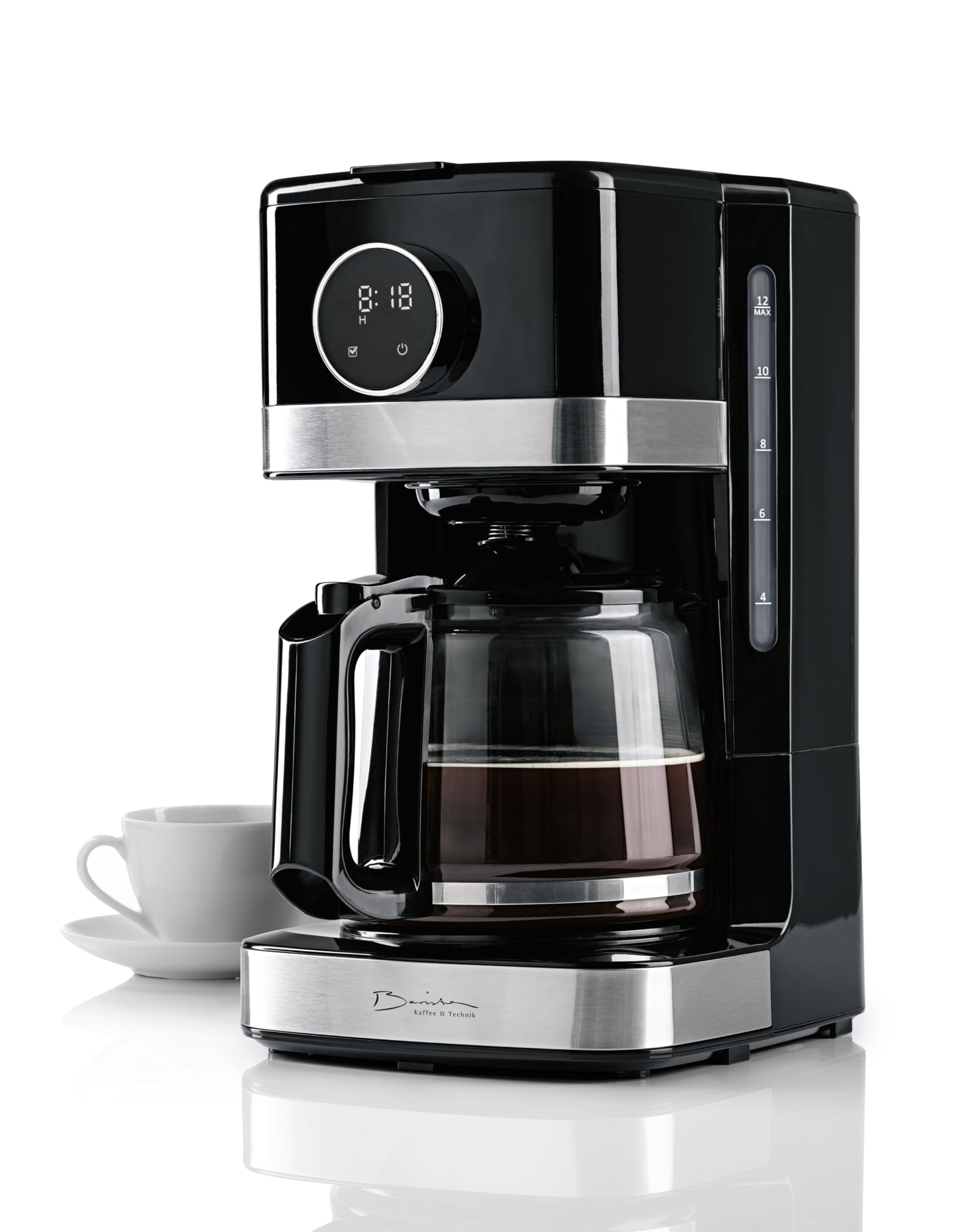 Barista Cafetera con pantalla táctil, cafetera de filtro de 900 W y jarra de vidrio, cafetera de 1,5 litros, máquina de filtro de café en polvo, para hasta 12 tazas de café